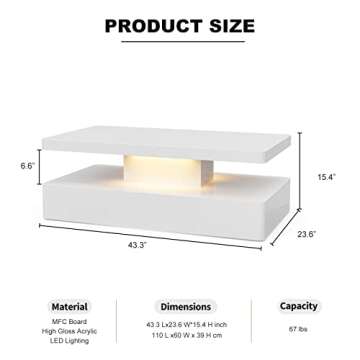 IKIFLY LED High Glossy Coffee Table, Modern Coffee Table for Living Room, 2 Tiers Rectangle Design C...