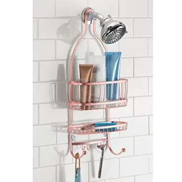 Stylish Hanging Shower Caddy with Hooks in Rose Gold