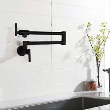 PHASAT Pot Filler Faucet Wall Mounted Matte Black Double Joint Spout Swing Arm Single Hole Two Handle Brass Kitchen Stove Faucet,71211B