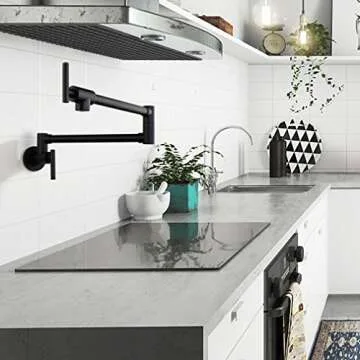 PHASAT Pot Filler Faucet Wall Mounted Matte Black Double Joint Spout Swing Arm Single Hole Two Handle Brass Kitchen Stove Faucet,71211B