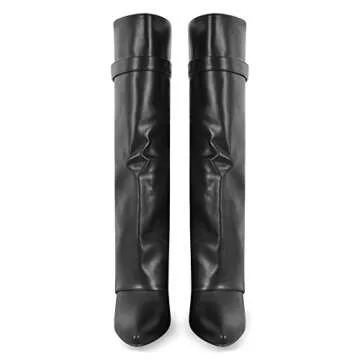 LISHAN Women's Slouchy High Heels Wedge Boots Knee High Pointed Closed Toe Fold Down Pull On Under The Knee High Boots Solid Color Pant Boots Dress Party Dancing Heels Shoes Black Size 8