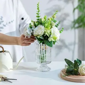 Glasseam Glass Vases for Flowers, Floral Compote Crystal Vase Set of 2, Unique Decorative Vase Decor, Footed Clear Flower Vases for Living Room Decorations, Hurricane Pedestal Urn for Dining Table