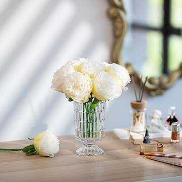 Glasseam Glass Vases for Flowers, Floral Compote Crystal Vase Set of 2, Unique Decorative Vase Decor, Footed Clear Flower Vases for Living Room Decorations, Hurricane Pedestal Urn for Dining Table