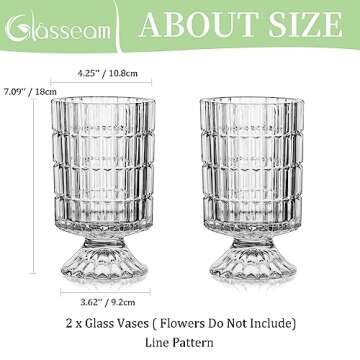 Glasseam Glass Vases for Flowers, Floral Compote Crystal Vase Set of 2, Unique Decorative Vase Decor, Footed Clear Flower Vases for Living Room Decorations, Hurricane Pedestal Urn for Dining Table