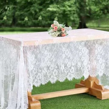 B-COOL White Lace Tablecloth 60 X120 Inches Rectangle Vintage Embroidered Bridal Wedding Tablecloths Sheer Overlay for Rustic Outdoor Party Reception Home Decor