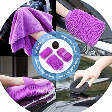 AUTODECO 22Pcs Car Wash Cleaning Tools Kit Car Detailing Set with Canvas Bag Purple Collapsible Bucket Wash Mitt Sponge Towels Tire Brush Window Scraper Duster Complete Interior Car Care Kit