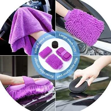 AUTODECO 22Pcs Car Wash Cleaning Tools Kit Car Detailing Set with Canvas Bag Purple Collapsible Bucket Wash Mitt Sponge Towels Tire Brush Window Scraper Duster Complete Interior Car Care Kit