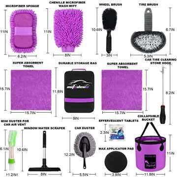 AUTODECO 22Pcs Car Wash Cleaning Tools Kit Car Detailing Set with Canvas Bag Purple Collapsible Bucket Wash Mitt Sponge Towels Tire Brush Window Scraper Duster Complete Interior Car Care Kit