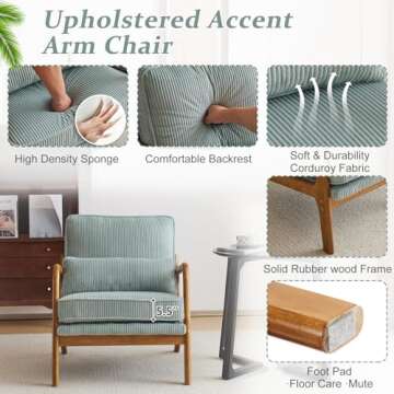 VINGLI Upgraded Premium Corduroy Accent Chair,Upholstered Arm Chair,Solid Wood Comfy Reading Chair with Lumbar Pillow, Mid Century Modern Chairs for Living Room,Bedroom,Guest Room,Light Teal