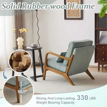 VINGLI Upgraded Premium Corduroy Accent Chair,Upholstered Arm Chair,Solid Wood Comfy Reading Chair with Lumbar Pillow, Mid Century Modern Chairs for Living Room,Bedroom,Guest Room,Light Teal