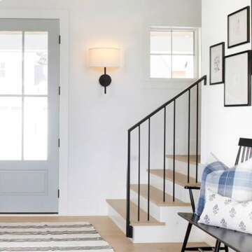 Yosoan Fabric Wall Sconce Indoor Bedside Wall Lamp Fixture, Vintage Industrial Hardwired Brass Boho Semi Circular with White Half Moon Shade for Reading Bedroom Living Room Dinning Room(Black)