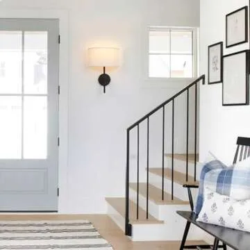 Yosoan Fabric Wall Sconce Indoor Bedside Wall Lamp Fixture, Vintage Industrial Hardwired Brass Boho Semi Circular with White Half Moon Shade for Reading Bedroom Living Room Dinning Room(Black)