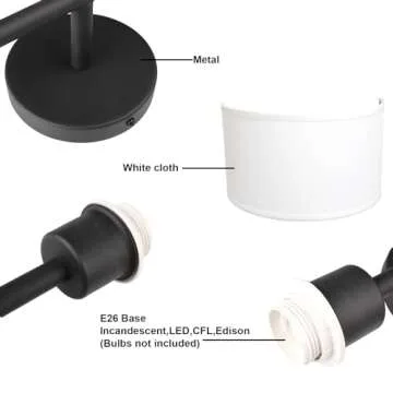 Yosoan Fabric Wall Sconce Indoor Bedside Wall Lamp Fixture, Vintage Industrial Hardwired Brass Boho Semi Circular with White Half Moon Shade for Reading Bedroom Living Room Dinning Room(Black)