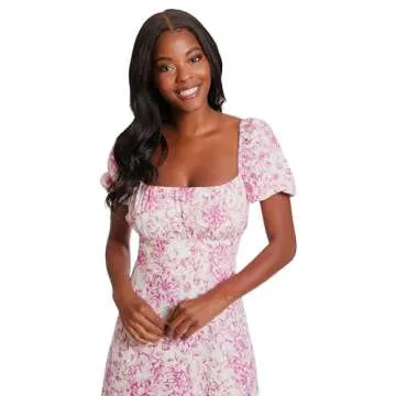 London Times Women's Dresses Square Neck Smocked Back Linen Blend Flattering Versatile Spring Summer Garden Party Dress, Ivory/Bright Fuschia, 8