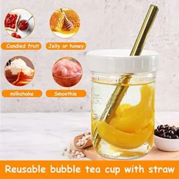 Pckydo Bubble Tea Cups 2 pack, Reusable Wide Mouth Smoothie Cups, Iced Coffee Cups With White Lids and Gold Straws Mason Jars Glass Cups, Travel Glass Drinking Bottle (16oz, Gold Straws)