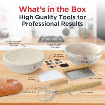 Bread Proofing Basket Set of 2 - Round 9" Sourdough Bread Baking Supplies w/Linen Liner, Scrapers, S...