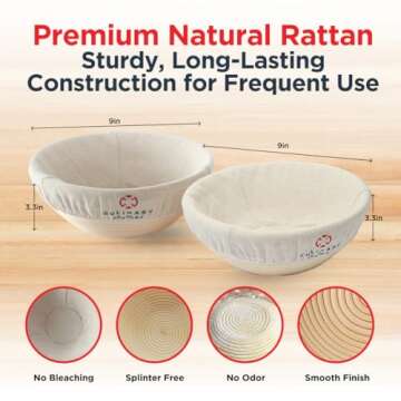 Bread Proofing Basket Set of 2 - Round 9" Sourdough Bread Baking Supplies w/Linen Liner, Scrapers, Scoring Lame, Whisk, Blades Banneton Proofing Baskets - Sourdough Starter Kit for Beginners