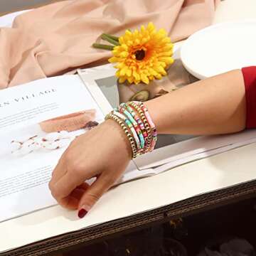 Heishi Bracelet Colorful Beaded Bracelet for Women Gold Beads Stackable Stretch Strand Bracelets Boh...