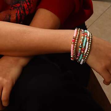 Heishi Bracelet Colorful Beaded Bracelet for Women Gold Beads Stackable Stretch Strand Bracelets Bohemian Summer Bracelets