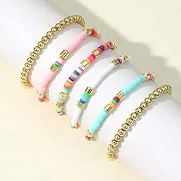 Heishi Bracelet Colorful Beaded Bracelet for Women Gold Beads Stackable Stretch Strand Bracelets Bohemian Summer Bracelets