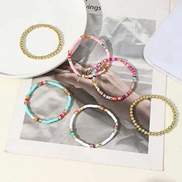 Heishi Bracelet Colorful Beaded Bracelet for Women Gold Beads Stackable Stretch Strand Bracelets Bohemian Summer Bracelets