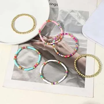 Heishi Bracelet Colorful Beaded Bracelet for Women Gold Beads Stackable Stretch Strand Bracelets Bohemian Summer Bracelets