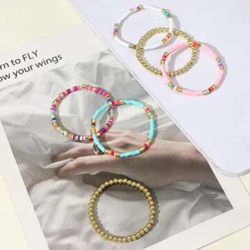 Heishi Bracelet Colorful Beaded Bracelet for Women Gold Beads Stackable Stretch Strand Bracelets Bohemian Summer Bracelets