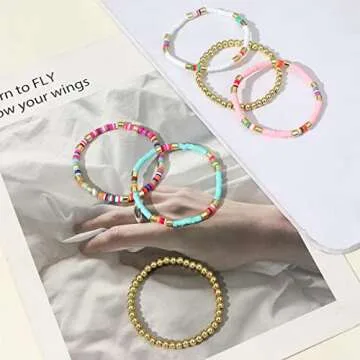 Heishi Bracelet Colorful Beaded Bracelet for Women Gold Beads Stackable Stretch Strand Bracelets Bohemian Summer Bracelets