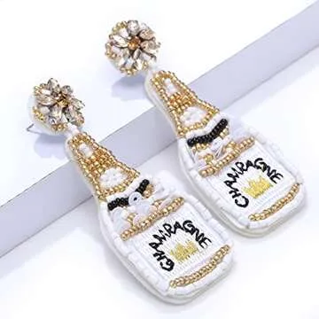Beaded Champagne Bottle Earrings for Women Handmade Bead Champagne Drop Dangle Earring Statement Earring Studs for Birthday Holiday Parties Gifts (White)