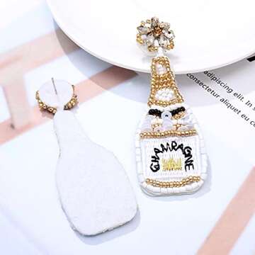 Beaded Champagne Bottle Earrings for Women Handmade Bead Champagne Drop Dangle Earring Statement Earring Studs for Birthday Holiday Parties Gifts (White)