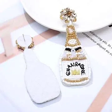 Beaded Champagne Bottle Earrings for Women Handmade Bead Champagne Drop Dangle Earring Statement Earring Studs for Birthday Holiday Parties Gifts (White)