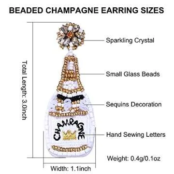 Beaded Champagne Bottle Earrings for Women Handmade Bead Champagne Drop Dangle Earring Statement Earring Studs for Birthday Holiday Parties Gifts (White)