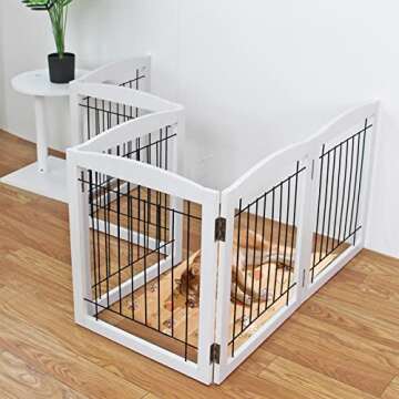 ZJSF Freestanding Foldable Dog Gate for House Extra Wide Wooden White Indoor Puppy Gate Stairs Dog G...