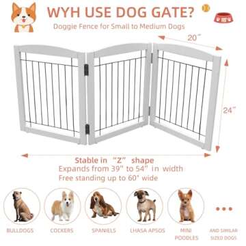 ZJSF Freestanding Foldable Dog Gate for House Extra Wide Wooden White Indoor Puppy Gate Stairs Dog Gates Doorways Pet Gate Tall Dog Fence 3 Panels Fence