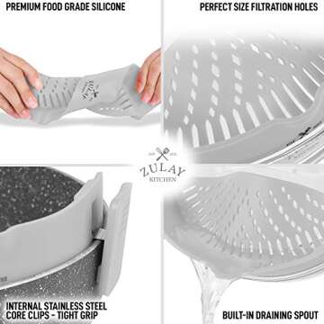 Zulay Silicone Pot Strainer - Adjustable Snap On Strainer For Most Pots & Pans - Food Grade, Heat Resistant Pot Strainer Clip On Silicone Colander For Draining Pasta, Fruits, & Vegetables (Gray)
