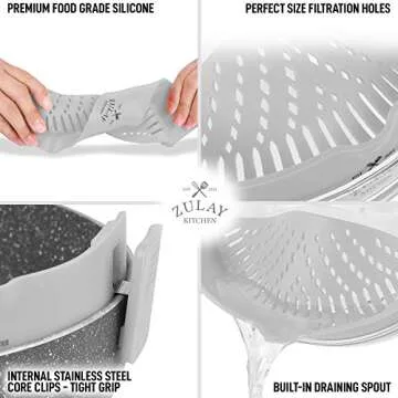 Zulay Silicone Pot Strainer - Adjustable Snap On Strainer For Most Pots & Pans - Food Grade, Heat Resistant Pot Strainer Clip On Silicone Colander For Draining Pasta, Fruits, & Vegetables (Gray)