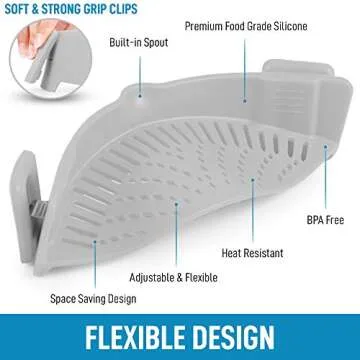 Zulay Silicone Pot Strainer - Adjustable Snap On Strainer For Most Pots & Pans - Food Grade, Heat Resistant Pot Strainer Clip On Silicone Colander For Draining Pasta, Fruits, & Vegetables (Gray)