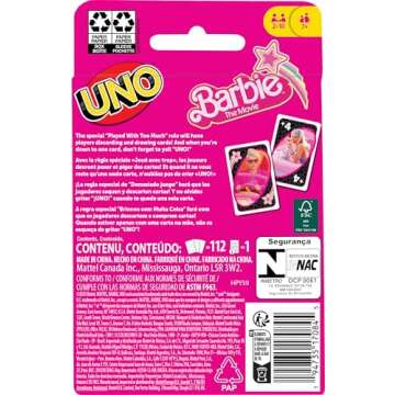 Mattel Games UNO Barbie The Movie Card Game for Kids & Adults Featuring Characters Graphics & Special Rule, 2 to 10 Players