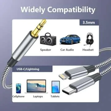 Aux Audio Cable for iPhone, 2 in 1 USB C to 3.5mm Aux Audio Lightning to 3.5mm Audio Cable Fit with iPhone 16 15 Plus/14/13/12/11/XR, Galaxy S24/S23/S22, Pixel 8/7/6/5, iPad to Car Stereo Speaker 4FT