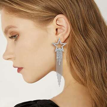 Sparkly Rhinestone Star Fringe Dangle Earrings for Women