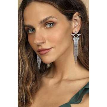 Sparkly Rhinestone Star Fringe Dangle Earrings for Women
