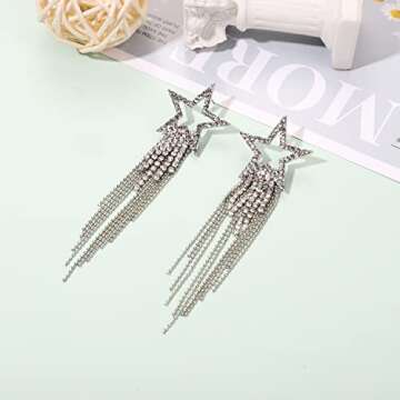 Sparkly Rhinestone Star Fringe Dangle Earrings for Women