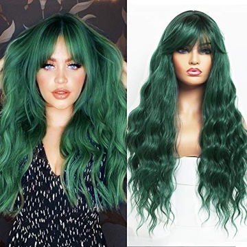 ANDRIA Green Wig with Bangs - Vibrant Ombre for Women