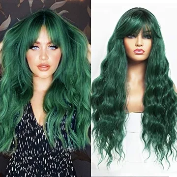ANDRIA Green Wig with Bangs - Vibrant Ombre for Women