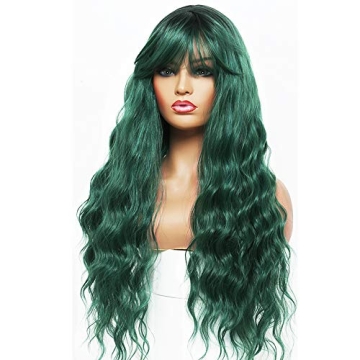ANDRIA Green Wig with Bangs - Vibrant Ombre for Women
