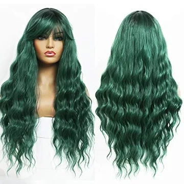ANDRIA Green Wig with Bangs - Vibrant Ombre for Women
