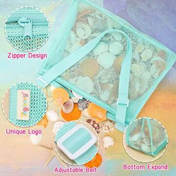 Tagitary Beach Toy Large Mesh Beach Bag with Zipper Sand Toy Seashell Bag for Holding Shells Pool Bag Swimming Accessories for Kids Teens(Only Bags,A Set of 3)