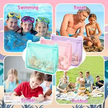 Tagitary Beach Toy Large Mesh Beach Bag with Zipper Sand Toy Seashell Bag for Holding Shells Pool Bag Swimming Accessories for Kids Teens(Only Bags,A Set of 3)