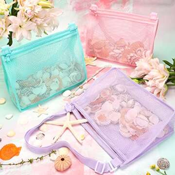 Tagitary Beach Toy Large Mesh Beach Bag with Zipper Sand Toy Seashell Bag for Holding Shells Pool Bag Swimming Accessories for Kids Teens(Only Bags,A Set of 3)