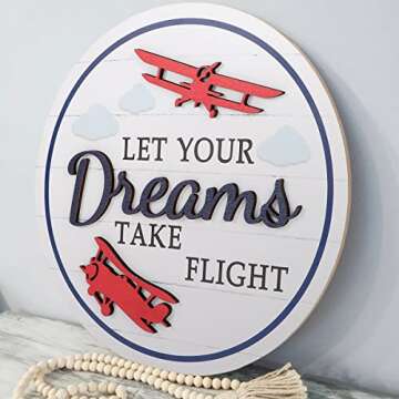 TOARTi 3D Airplane Wooden Wall Hanging (12''x12''), Let Your Dream Take Flight Inspirational Quote Door Sign, Rustic Aircraft Wall Hanging for Toddler Kids Room Nursery Playroom Classroom Decor